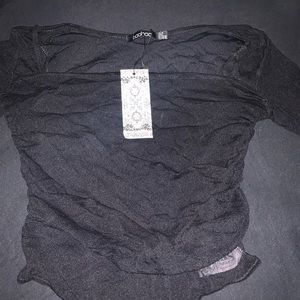 BLACK LONG SLEEVE SQUARE NECK RUCHED MESH BODYSUIT